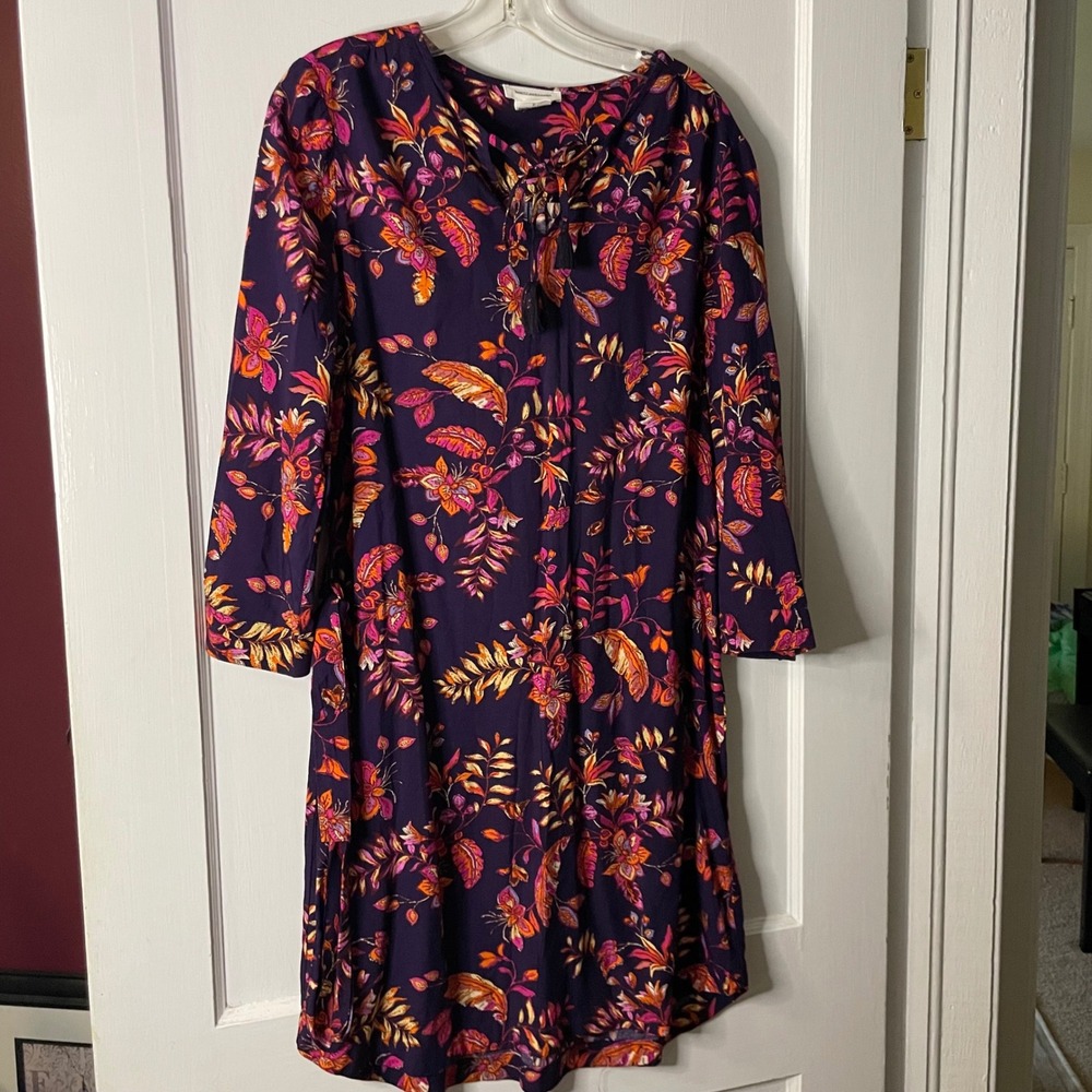 Beach Lunch Lounge Floral‎ Print Dress Long Sleeve Boho Tassel Tie S